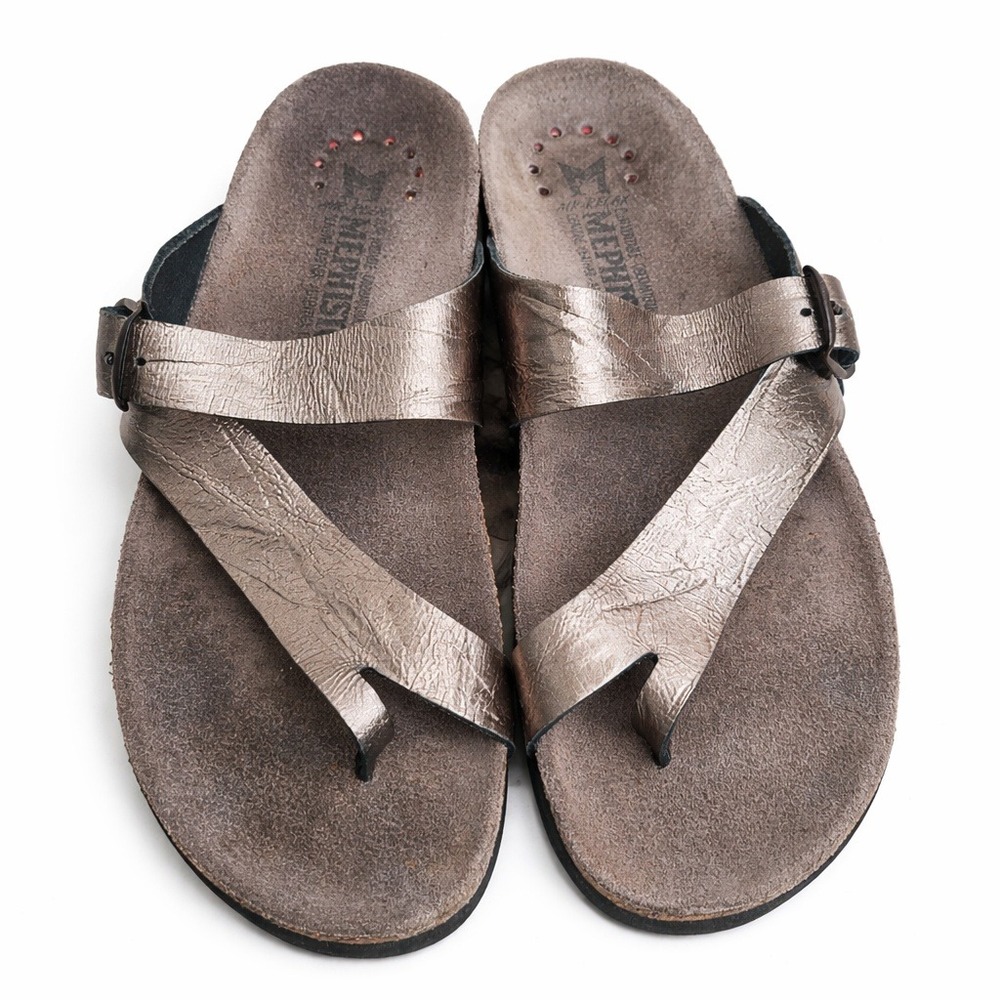 Mephisto Helen EU 38 US 8‎ Silver Leather Metallic Buckle Adjustable Sandals